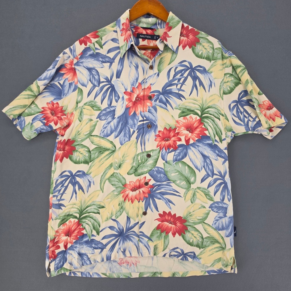 Nautica Mens Medium 100% Silk Tropical Floral Short Sleeve Button Down Shirt